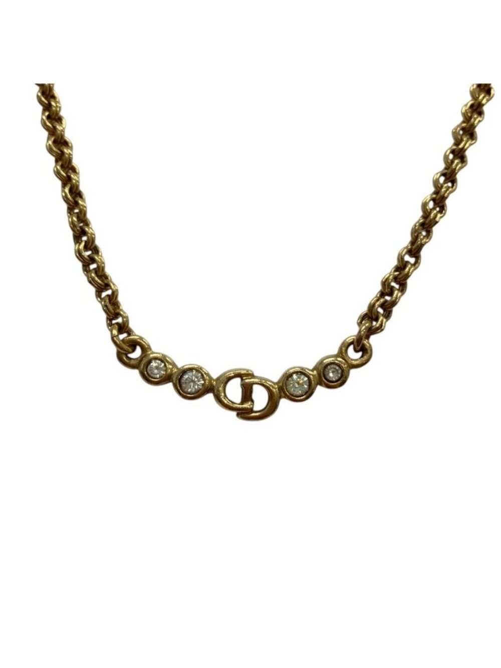 Dior Vintage Rhinestone CD Logo Necklace Gold Colored